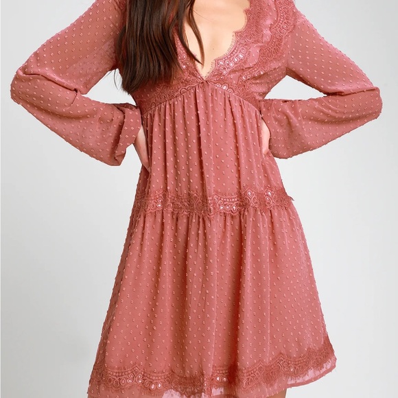 Lulus Dresses & Skirts - Lulu's Dusty Rose Lace Long Sleeve Dress